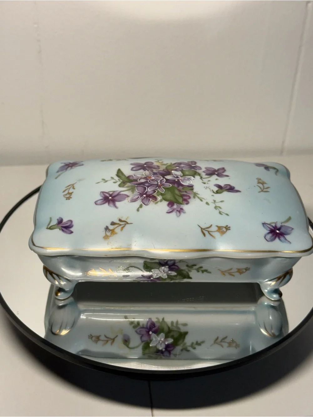 Vintage Hand Painted Porcelain Trinket Box Footed